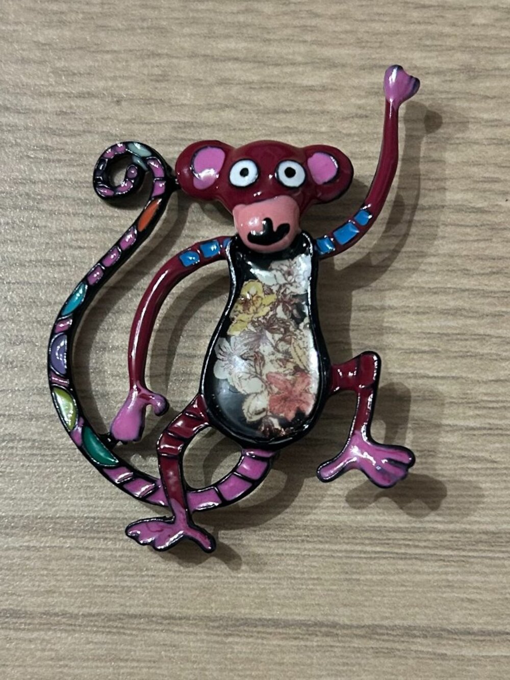Vintage Whimsical Enamel Floral Monkey Pin Brooch Colorful